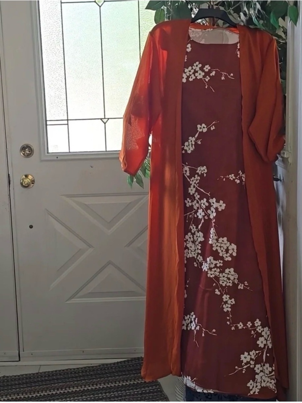 Rust Red Floral Maxi Dress with Matching Open Kimono